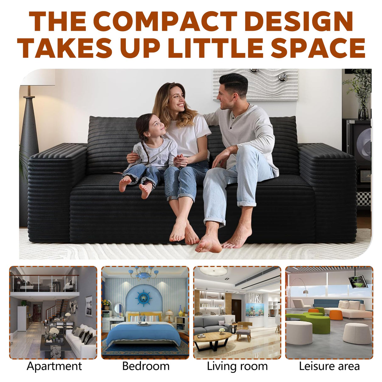 63" Cloud Loveseat Sofa - Boneless Deep Seat 2-Seater, No Assembly Foam Floor Couch, Plush Corduroy Fabric, Modern Living Room Sofa for Small Space Apartment, Bedroom, Office (Black, 63") Klwenas Maec