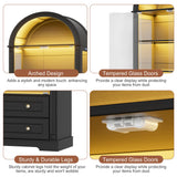 PAKASEPT 73'' Tall Arched Display Cabinet with Glass Doors,4-Tier Curio Cabinet with LED Lights for Collectibles Bookcase,Farmhouse Bookshelf China Storage Kitchen Pantry for Living Room,Black PAKASEPT