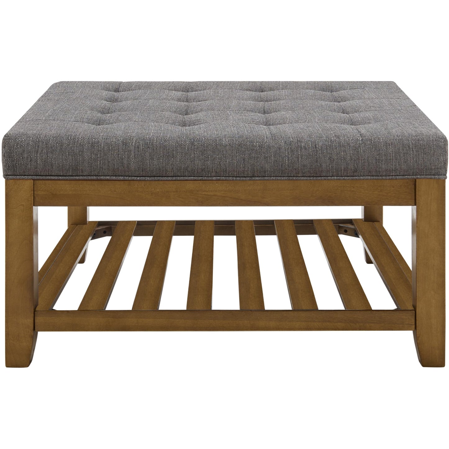 Befurtori Upholstered Coffee Table Tufted Linen Large Square Ottoman with Beech Wood Shelf and Frame, Oversized Footrest Ottoman for Living Room, Granite