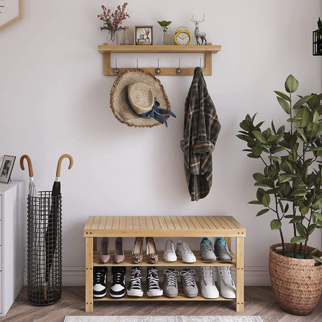 SMIBUY Coat Hooks with Shelf Wall-Mounted, 29.2 Inch Entryway Coat Rack for Wall, Bamboo Hanging Shelf with 5 Double Metal Hooks for Bathroom, Bedroom, Kitchen, Living Room, Mudroom (Natural) SMIBUY