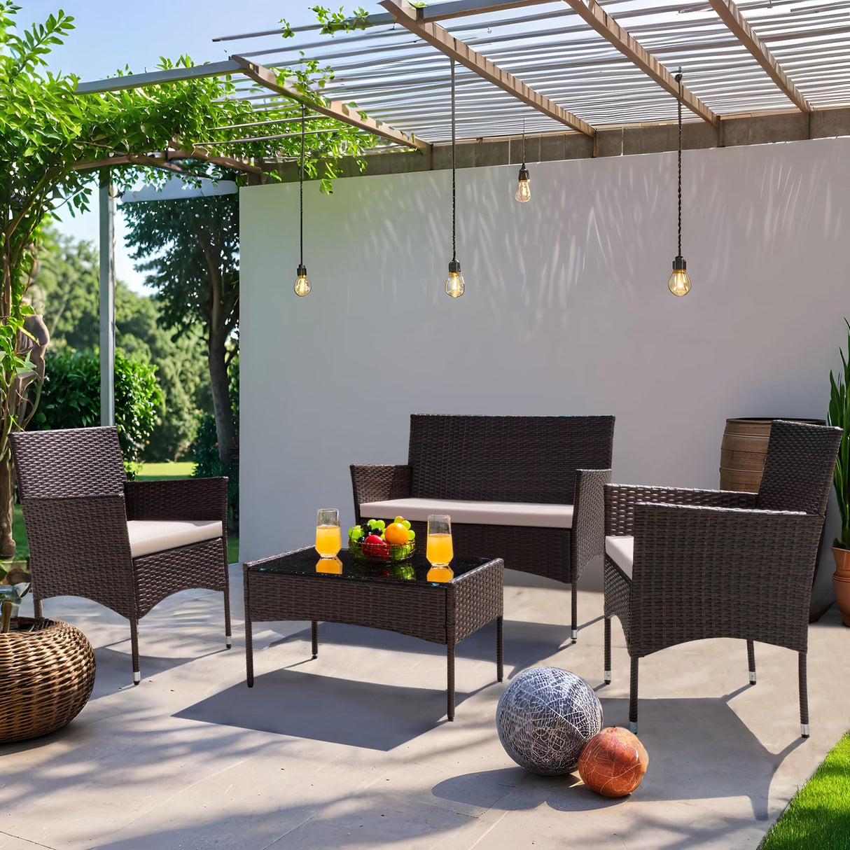 Greesum Patio Furniture 4 Pieces Conversation Sets Outdoor Wicker Rattan Chairs Garden Backyard Balcony Porch Poolside loveseat with Cushion and Glass Table, Brown and Beige Greesum