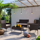 Greesum Patio Furniture 4 Pieces Conversation Sets Outdoor Wicker Rattan Chairs Garden Backyard Balcony Porch Poolside loveseat with Cushion and Glass Table, Brown and Beige Greesum