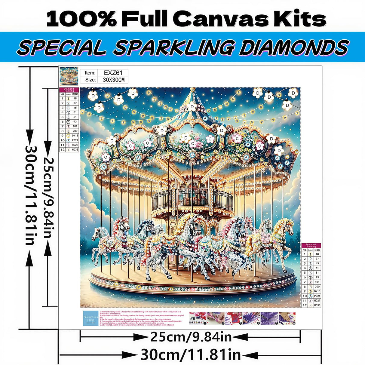 5D Diamond Art Kits for Adults,Carousel Special Shape Diamond Painting Kits for Beginners, DIY Crystal Diamond Dots Gem Art Craft for Home Decor 11.8x11.8 Inch Acelii