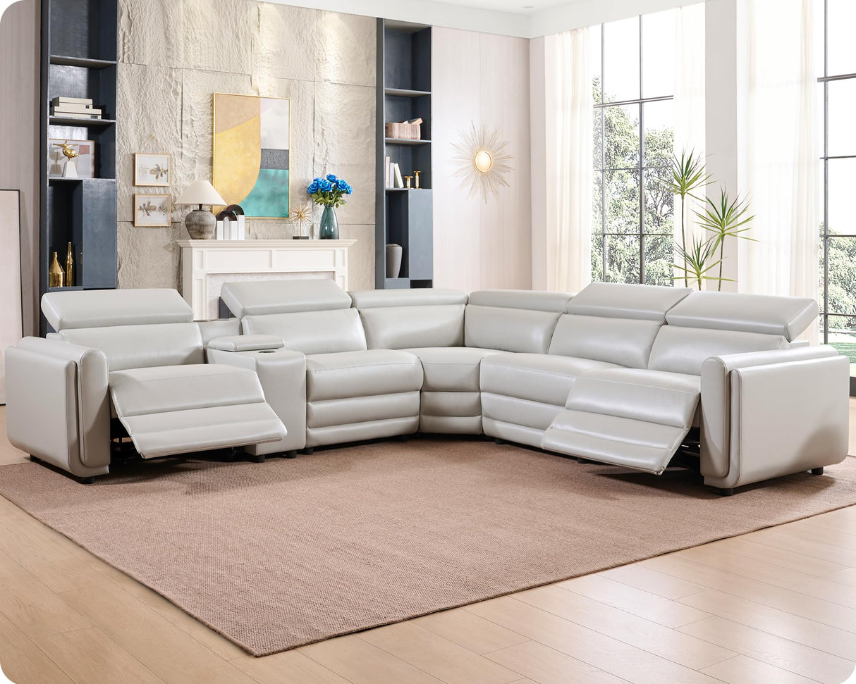 AMERLIFE Power Recliner Sofa, 129 Inch Oversized Reclining Sofa with Console & Speaker, 5 Seats L Shaped Sectional Couch for Living Room, Light Grey Leather AMERLIFE