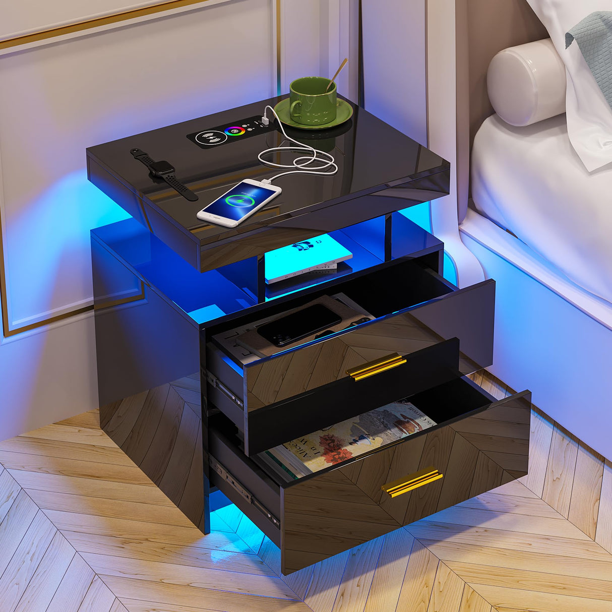 HNEBC LED Nightstand, RGB Black Night Stand with USB/Wireless Charging Station, Modern Bedside Table has Auto Sensor RGB Lights, End Side Table with 2 Drawer for Bedroom Furniture, Black HNEBC
