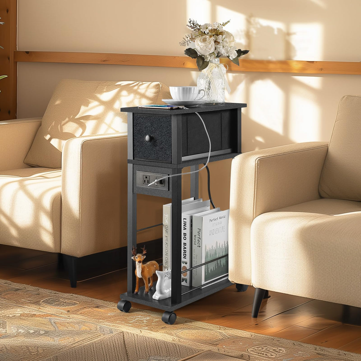 DGSANDGO Side Table with Charging Station and Drawer, Narrow End Table with USB Ports and Outlets for Small Space, Living Room, Bedroom and Office, with 4 Wheels Black DGSANDGO