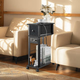 DGSANDGO Side Table with Charging Station and Drawer, Narrow End Table with USB Ports and Outlets for Small Space, Living Room, Bedroom and Office, with 4 Wheels Black DGSANDGO