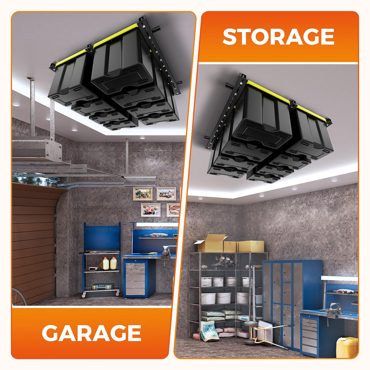 BEAMNOVA Overhead Garage Storage Rack,Ceiling Bin Rails Storage Heavy Duty Metal Garage Ceiling Storage Racks,Overhead Tote Storage Rail System,Overhead Bin Storage (Black) 48" x 48" BEAMNOVA