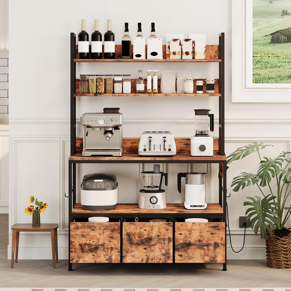 Garvee Kitchen Bakers Rack with Storage and Power Outlet, 5-Tier Industrial Microwave Stand with Drawers and Open Shelves, Metal Frame, Farmhouse Coffee Bar Cabinet, Brown Garvee