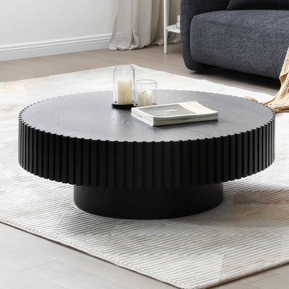 31.49" Round Wood Coffee Table, Modern Unique Circle Coffee Table, Contemporary Oak Drum Fluted Coffee Table Accent Side Table Center Table for Living Room, Small Space, Apartment, Black