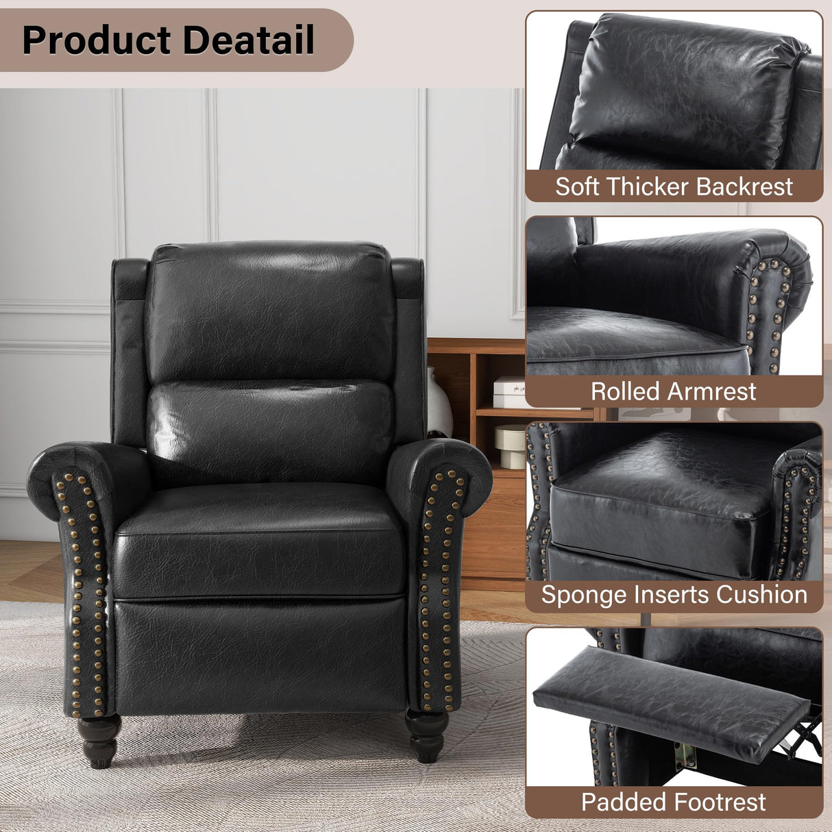 UIXE Pushback Recliner Chairs Set of 2, PU Leather Armchair Push Back Accent Chair, Rivet Trim Club Chair Home Theater Overstuffed Single Sofa Reading Seat for Living Room, Black UIXE