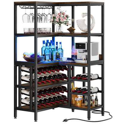 YITAHOME Large Corner Wine Rack, 63'' Corner Bar Cabinet with Power Outlet and LED Light, 5-Tier L Shaped Industrial Liquor Cabinet w/Glass Holder, Corner Open Display Cabinet for Home, Rusti - WoodArtSupply