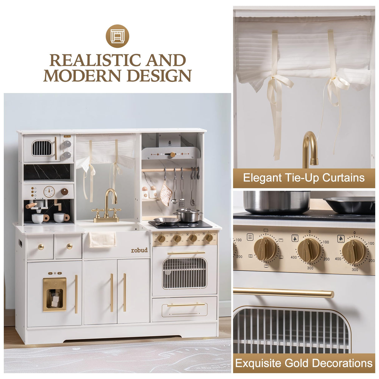 ROBUD Play Kitchen for Kids, Wooden Play Kitchen Set with Plenty of Realistic Play Features, Toy Kitchen with Ice Maker, Coffee Machine, Oven, Cabinet, Microwave, Utensils, Gift for Ages 3+, White ROBUD