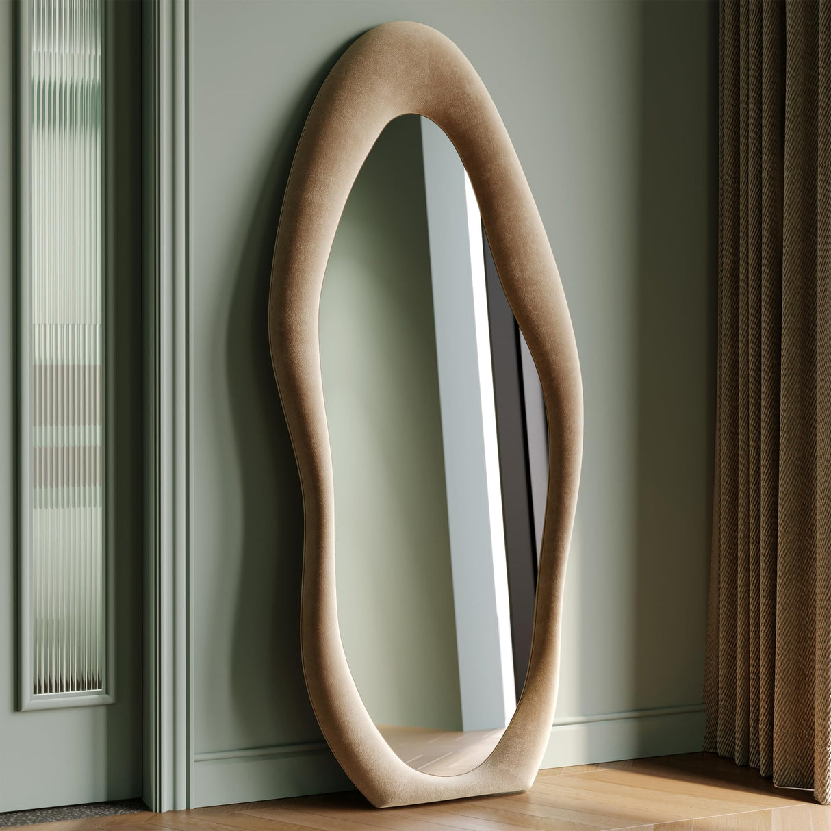 Honyee Full Length Mirror, 63" x 24" Wall Mirror, Flannel Wrapped Wooden Frame Floor Mirror, Irregular Wavy Mirror Hanging or Leaning Against Wall for Cloakroom/Bedroom/Living Room, Milk Tea Honyee