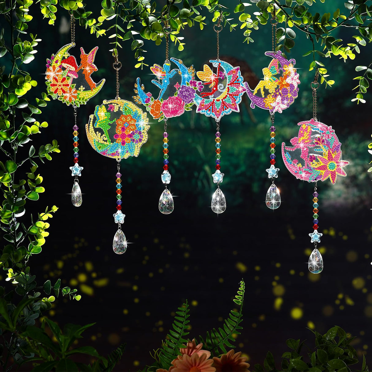Tradder 6 Pcs Diamond Painting Wind Chimes Spring Diamond Painting Kit Double Sided Elf Ornaments with Crystal Pendant 5D Diamond Art for Spring Home Garden Hanging Ornament Tradder