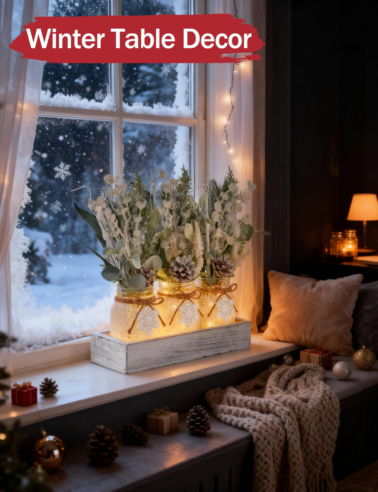 KIVIVO Winter Centerpieces for Tables, Table Decor with Mason Jar, Flowers Picks, Farmhouse Wood Tray, Snowflake Sign, 22 Pcs Christmas Winter White Wonderland Table Decorations Centerpieces for Home KIVIVO