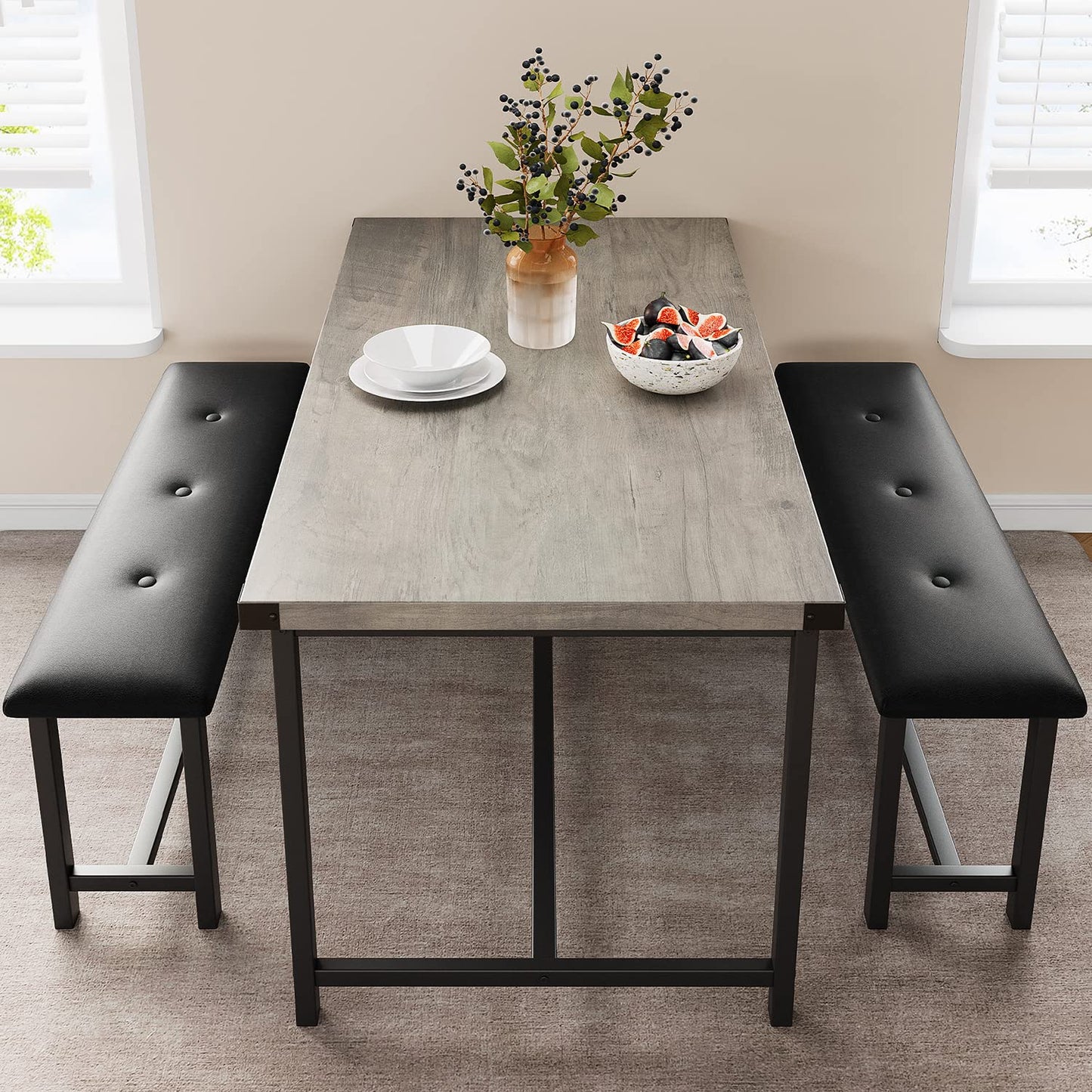 Alkmaar Farmhouse Dining 4 Kitchen Table Set with 2 Benches, Retro Gray