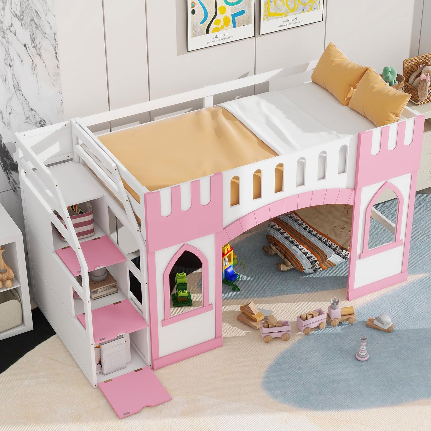 Harper & Bright Designs Twin Size Loft Bed with Storage Staircase and Window, Wood Playhouse Bed Frame with Storage for Boys, Girls, Gray,Pink