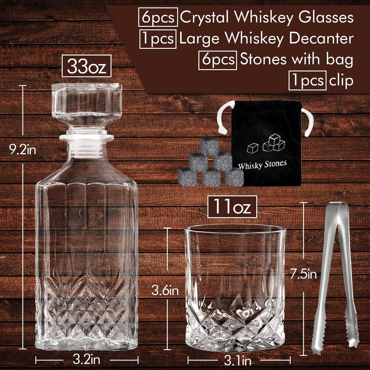 Whiskey Decanter Set for Men, Whiskey Glasses and Decanter with Cooling Stones Clear Glass Whisky Liquor Decanter Set for Whiskey Bourbon Rum Men Fathers'Gift INFTYLE