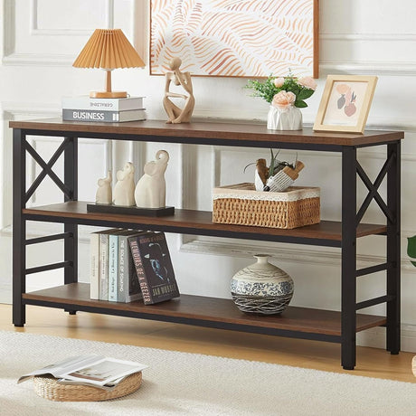 HOMBAZAAR Entryway Console Table,Industrial Console Table with Storage for Entryway,Rustic Sofa Table with 3 Tier Wide Shelf and Metal Frame, Hallway Table for Entryway,Living Room,Brown,55'' HOMBAZAAR