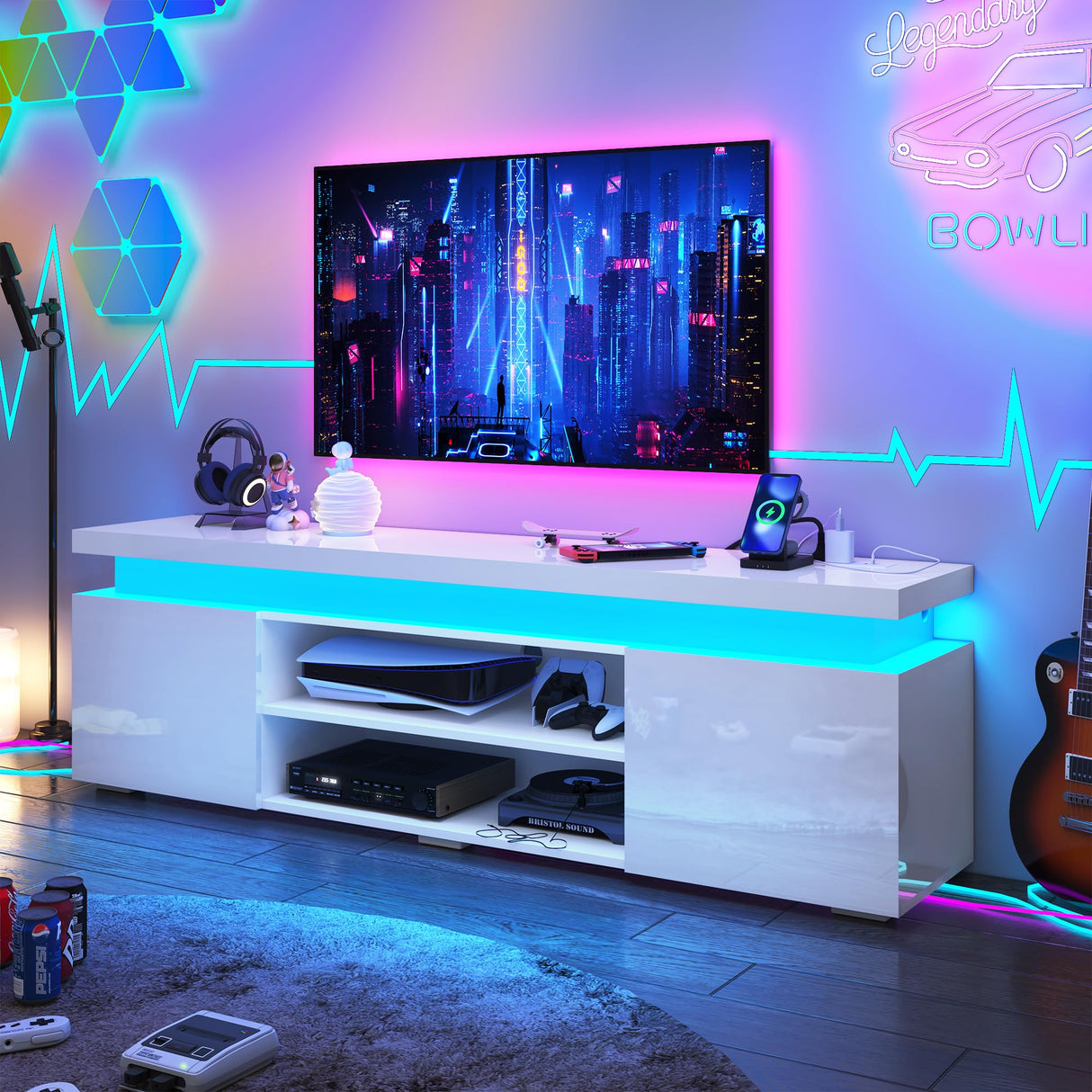Hlivelood LED TV Stand for 75 Inch TV, Modern TV Stand with Power Outlet, High Gloss TV Console Entertainment Center with Storage and LED Lights for Living Room, Bedroom (66 Inch, White) Hlivelood