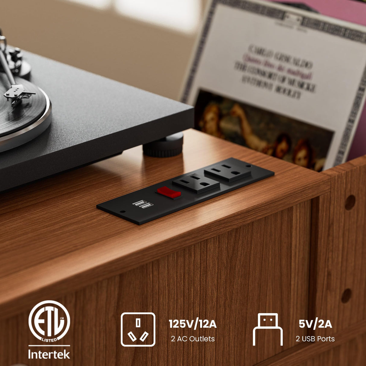 DIYART 3 Tier Large Record Player Stand with Power Outlet, Vinyl Record Storage Table holds Up to 500 Albums, Mid-Century Turntable Stand, Brown DIYART