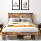YHJIV Wood Queen Bed Frame with Headboard, Rustic Farmhouse Platform Bed Frame with 12 Wood Slats Support, No Box Spring Needed, Easy Assembly (Vintage Brown, Queen) YHJIV