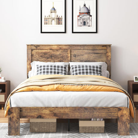YHJIV Wood Queen Bed Frame with Headboard, Rustic Farmhouse Platform Bed Frame with 12 Wood Slats Support, No Box Spring Needed, Easy Assembly (Vintage Brown, Queen) YHJIV