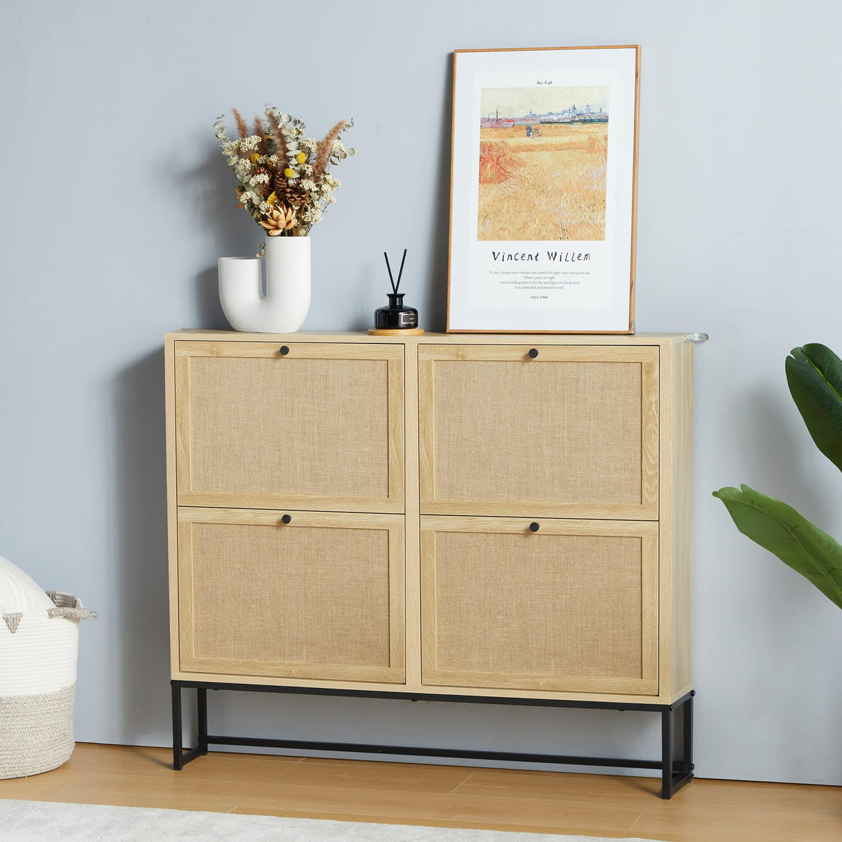 NVETHM Shoe Cabinet, Shoe Storage Cabinet with 4 Flax Flip Drawers and Mental Legs,Shoe Rack Free Standing Shoe Organizer for Entryway, Living Room (Natural) NVETHM