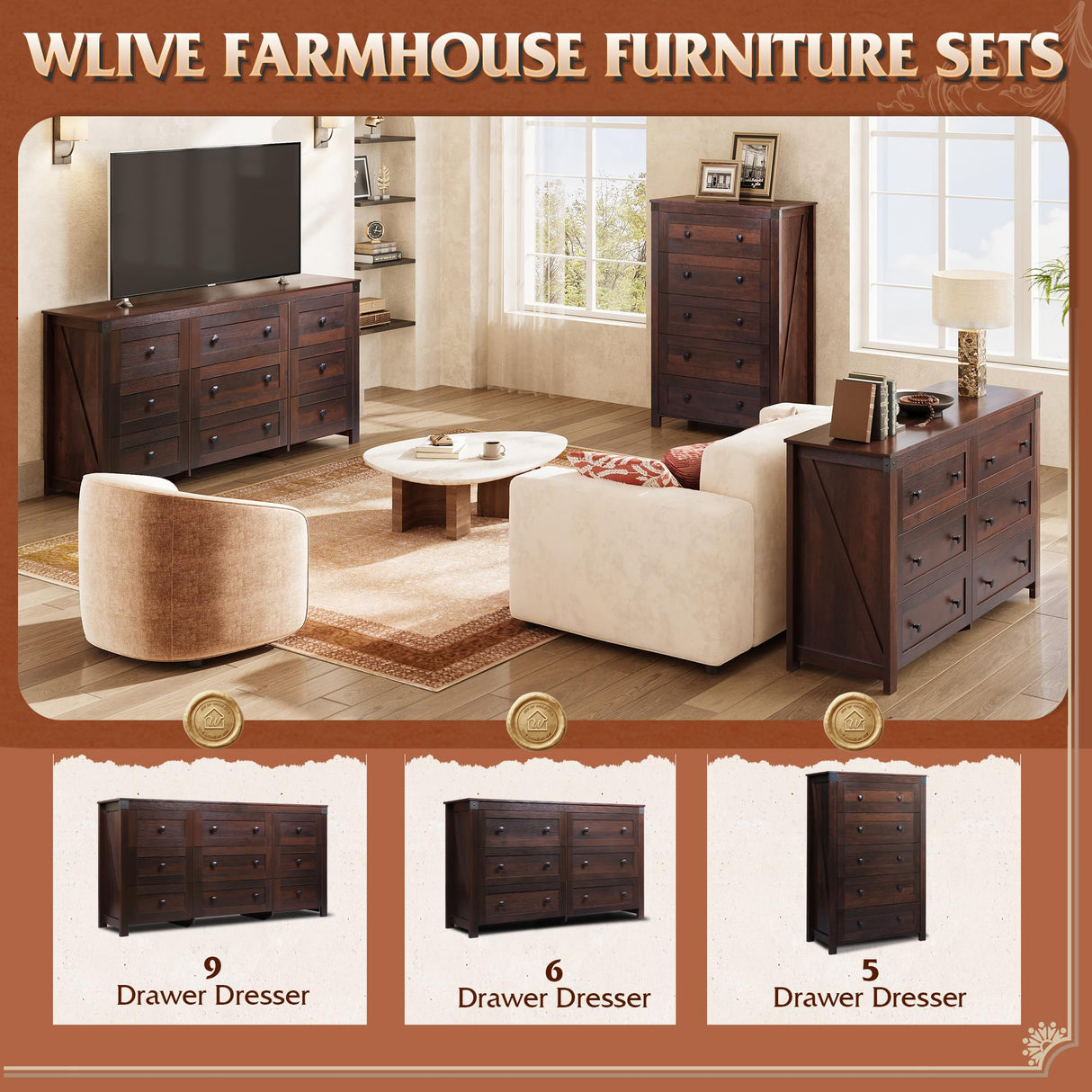 WLIVE Farmhouse 6 Drawer Dresser for Bedroom, 53.07'' Wide Wood Dresser, Storage Dresser Organizer with Double Rustic Handle, TV Stand for 60 inch TV, Chest of Drawers for Living Room, Hallway, Brown WLIVE