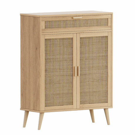 Rovaurx Accent Floor Storage Cabinet with Rattan Doors, Bathroom Cabinet with Large Drawer, Freestanding Storage Cabinet Organizer, Natural BMGZ107M Rovaurx
