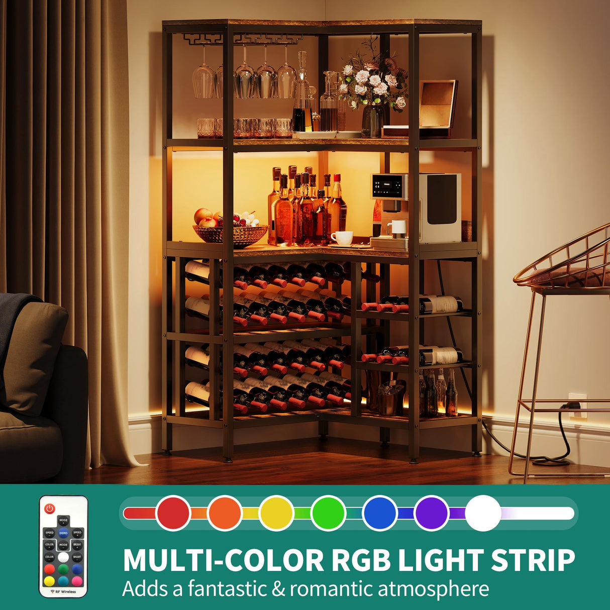 YITAHOME Large Corner Wine Rack, 63'' Corner Bar Cabinet with Power Outlet and LED Light, 5-Tier L Shaped Industrial Liquor Cabinets w/Glass Holder, Open Display Cabinet for Home, Brown YITAHOME