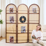 Rattan Room Divider with Bookshelf,Foldable Privacy Screen Partition,Wooden Frame,Natural Portable for Living Room,Bedroom Home,Office Reading Nook (Walnut, 3 Panels) Svimi