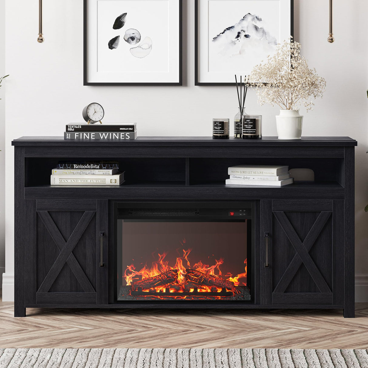 BELLEZE 58" Farmhouse Fireplace TV Stand for TVs up to 65", 23" Electric Fireplace Heater with Sound, Entertainment Center Media Console Table Barn Door Storage Cabinets for Living Room - Rustic Grey BELLEZE