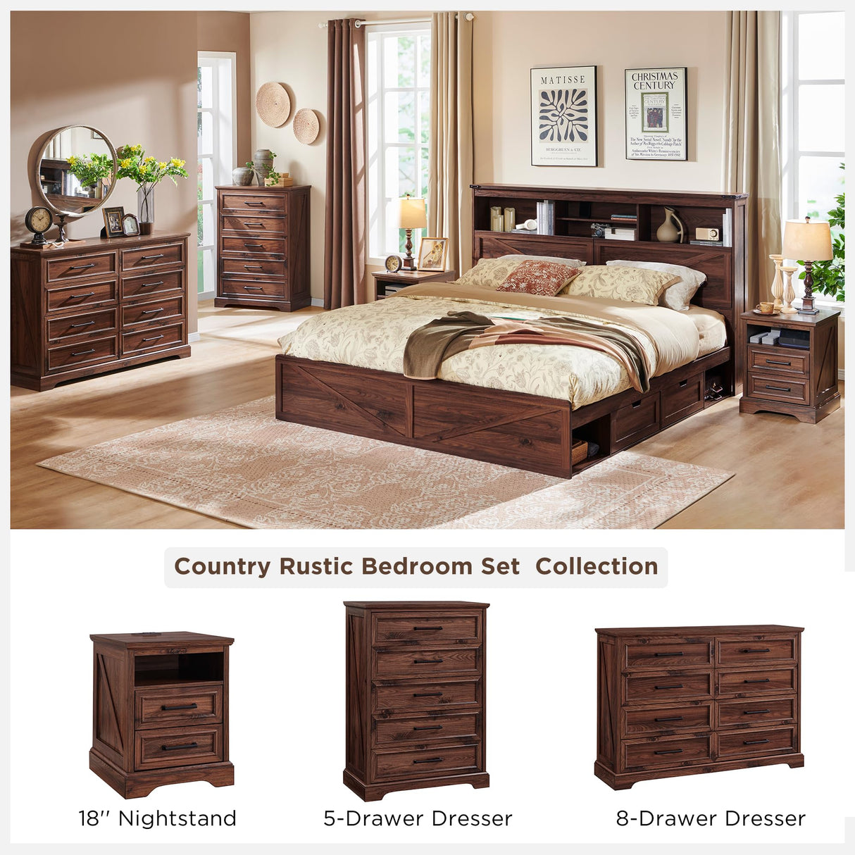 ACCOHOHO 18" Farmhouse Nightstand with Charging Station,End Table with 2 Drawers Storage,Side Table,Bedside Cabinet for Bedroom,Living Room,Brown ACCOHOHO