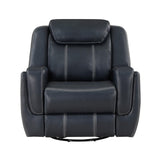 Benjara Louise 40 Inch Swivel Glider Manual Recliner Chair, Blue Faux Leather Benzara