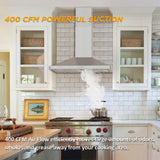 FIREGAS Wall Mount Range Hood 30 inch, 400 CFM Stainless Steel Stove Vent Hood with 3 Speed Exhaust Fan, Ducted/Ductless Convertible Duct kitchen hood, LED Lights, Push Button, Charcoal Filters FIREGAS