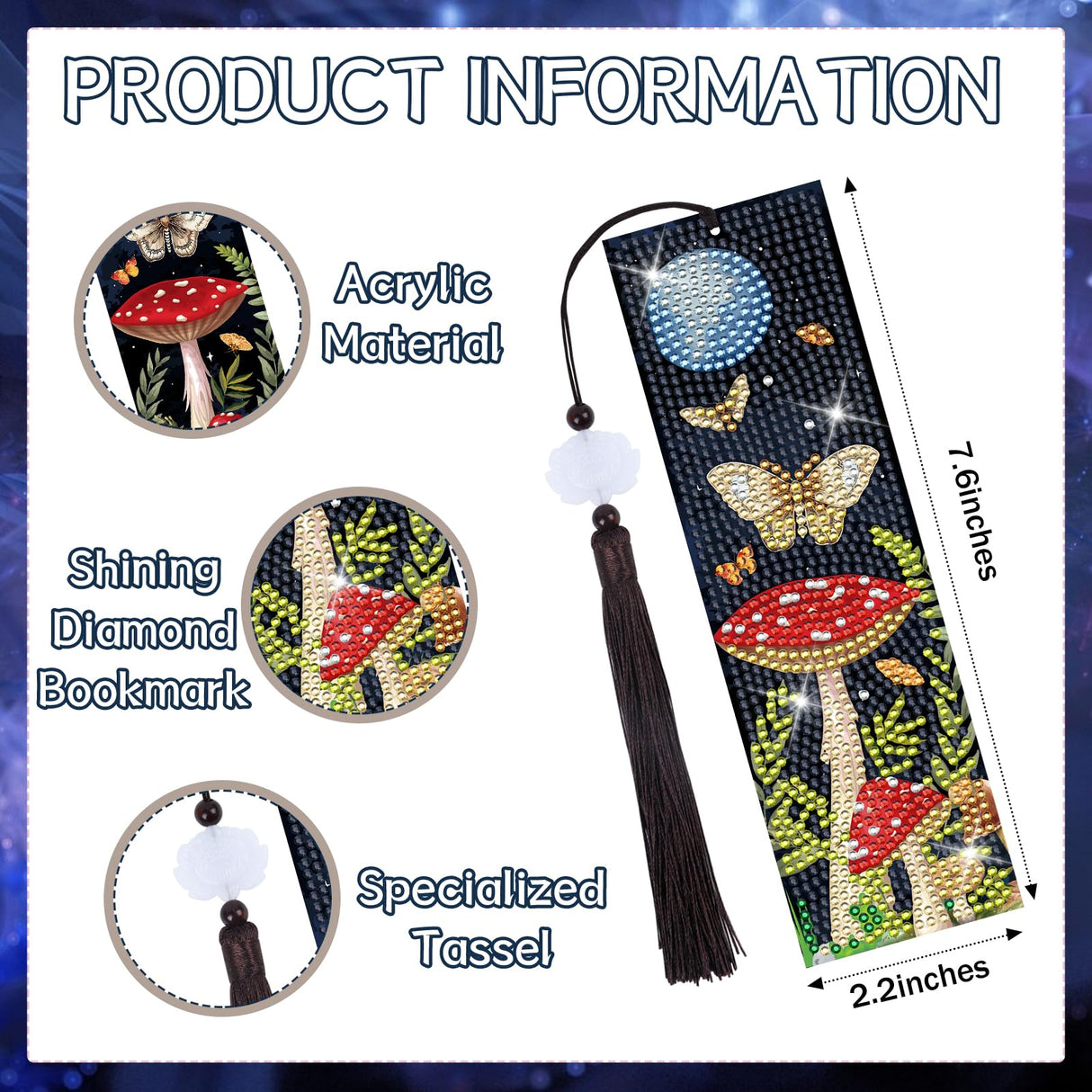 Sitsink Mushroom Diamond Art Kits - 6 Pcs Crescent Moon Mushroom Diamond Art Bookmarks with Tassels, Acrylic Bookmark Diamond Painting Kits for Adult, Boho Diamond Book Markers Sitsink