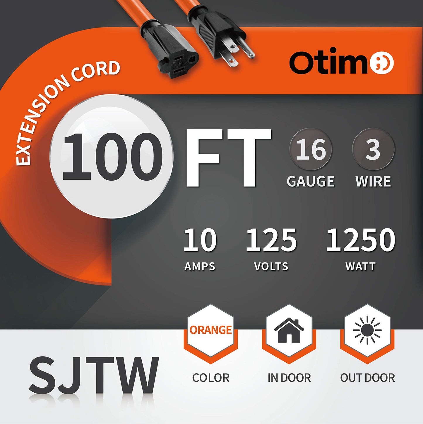 Otimo 100 Ft 16/3 SJTW Orange, Outdoor Extension Cord - 3 Prong Ground Plug, 10A 1250W, Water & Weather Resistant, Flame Retardant - WoodArtSupply