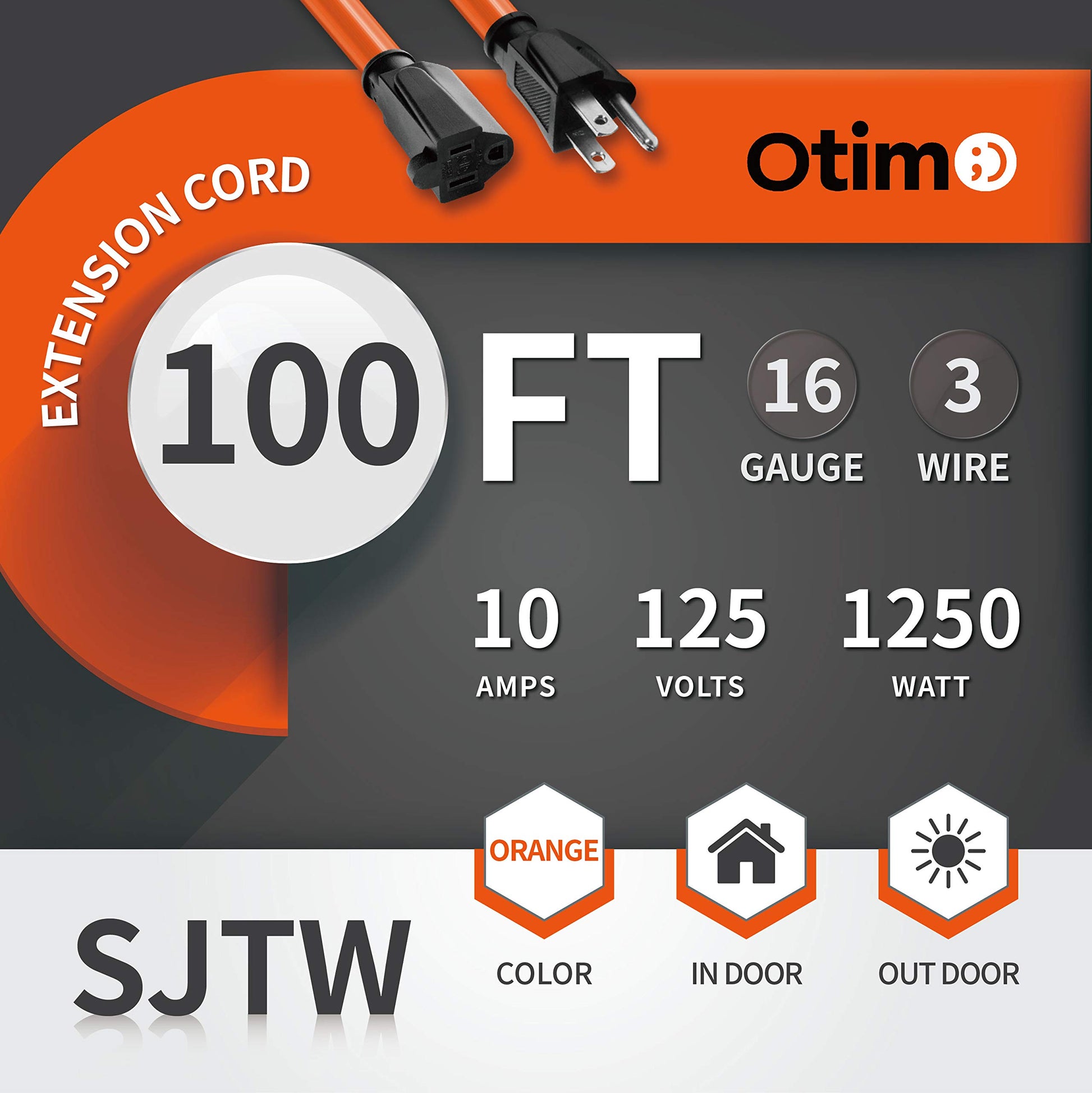 Otimo 100 Ft 16/3 SJTW Orange, Outdoor Extension Cord - 3 Prong Ground Plug, 10A 1250W, Water & Weather Resistant, Flame Retardant - WoodArtSupply