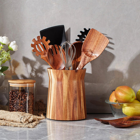 LOHONER Wooden Utensil Holder for Countertop, 360° Rotating Kitchen Utensil Holder, 7.2"x 6" Large Acacia Cooking Utensil Holder for Kitchen Counter, Farmhouse Kitchen Decor LOHONER