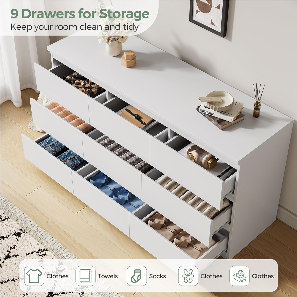 Jocoevol Modern White 9 Drawer Dresser for Bedroom, Simply Chest of Drawers, Wood Storage Dresser with Deep Drawers for Living Room Hallway Entryway, White Jocoevol
