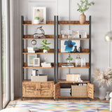 IRONCK Rustic Brown 4-Tier Industrial Ladder Bookshelf with Louvered Doors and Cabinet IRONCK