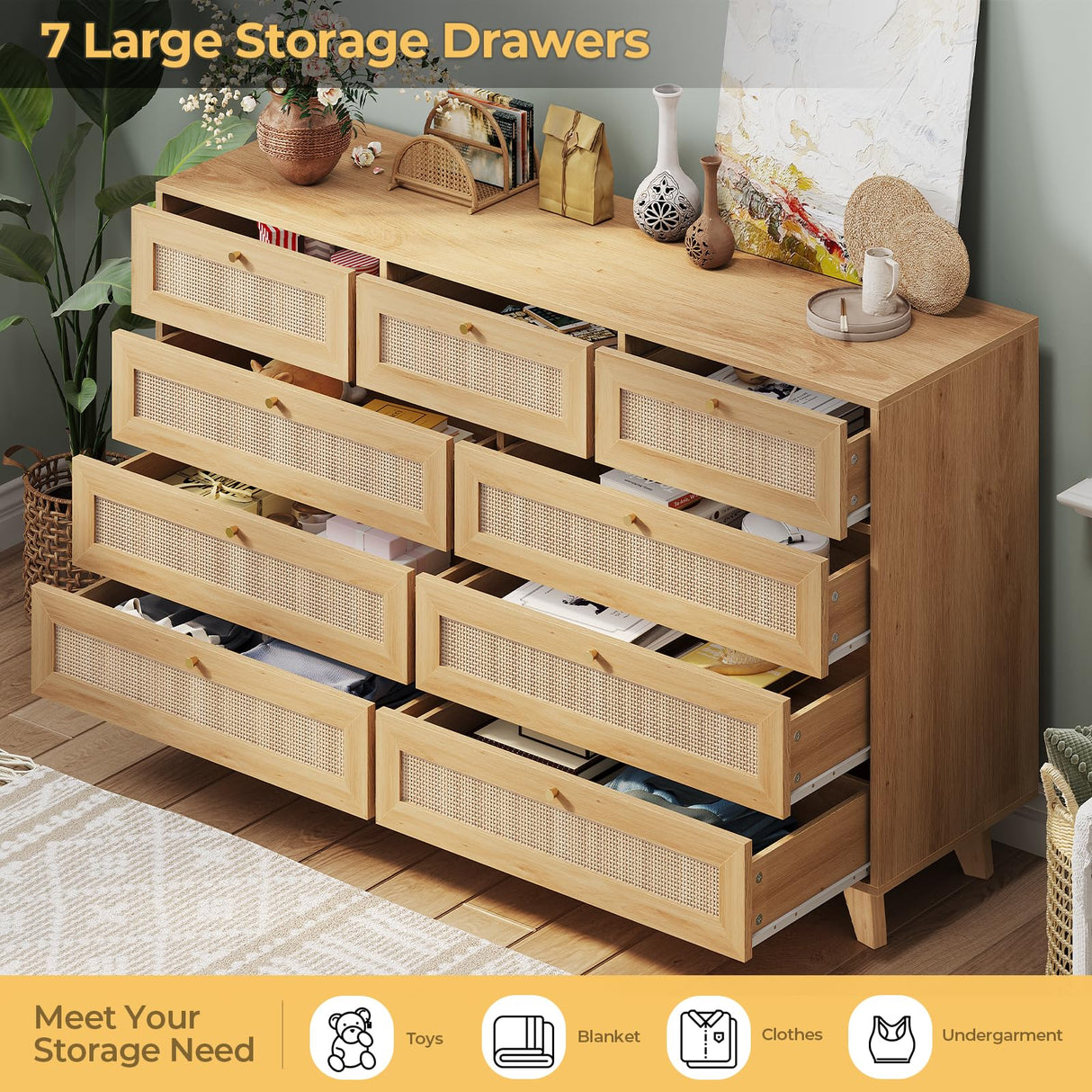 AOGLLATI Rattan Dresser for Bedroom with 9 Drawer, Modern Wooden Long Bedroom Dresser, Chest of Drawers with Metal Handle & Solid Wood Legs for Bedroom/Living Room, Wood AOGLLATI