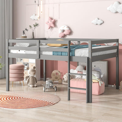 i-POOK Full Loft Bed Low Loft Bed Frame with Guardrail and Ladder Montessori Bed for Children Sturdy Wood Low Loft Bed for Low Ceiling Bedroom, No Box Spring Needed, Gray