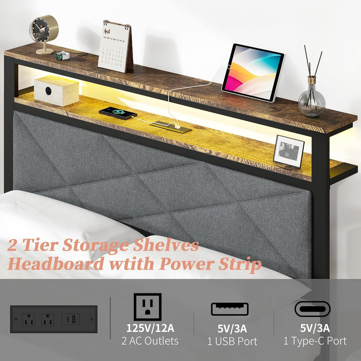ChicZhiNest Full Bed Frame with Charging Station, LED Lights, Heavy Duty Metal Slats, Headboard with Upholstered Back and Storage Shelves, No Box Spring, Noise-Free, Easy Assembly, Dark Gray ChicZhiNest