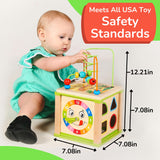 TOYVENTIVE Wooden Activity Cube, Montessori Toys for 1+ Year Old Girl, Multipurpose Educational Sensory Toy for Baby, Toddler, Kid | First Birthday Gift | Bonus First Words Book TOYVENTIVE