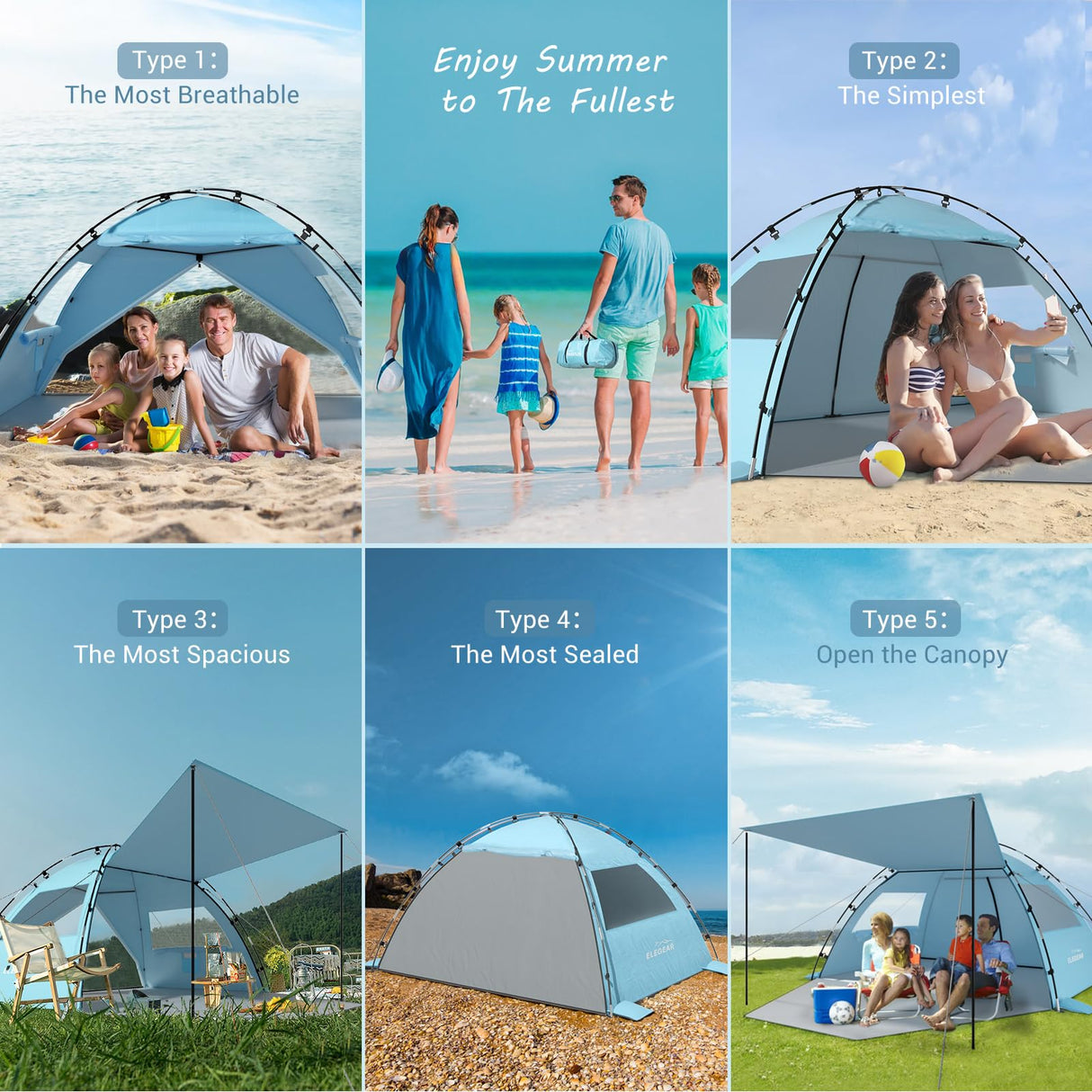 Elegear Beach Tent Sun Shelter with Canopy, 4-5 Person Pop Up Beach Tent, Easy Setup UPF 50+ UV Protection Portable Lightweight Double Silver Coating Beach Cabana Sun Shade Shelter - Sky Blue Elegear