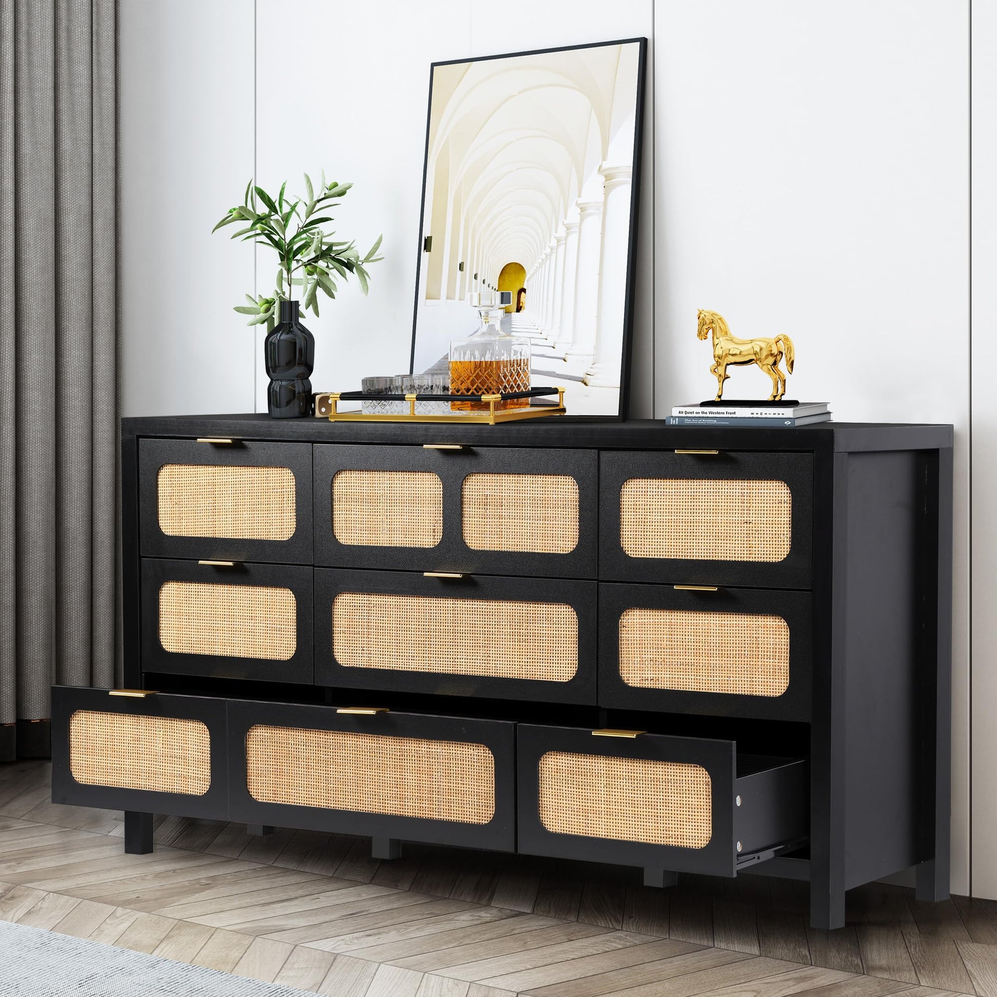 UHMUVFM 9 Drawer Dresser with Rattan Finish, Modern Farmhouse Chest of Drawers with Metal Handles, Accent Wood Storage Cabinet for Bedroom, Living Room and Kitchen (Black) - WoodArtSupply