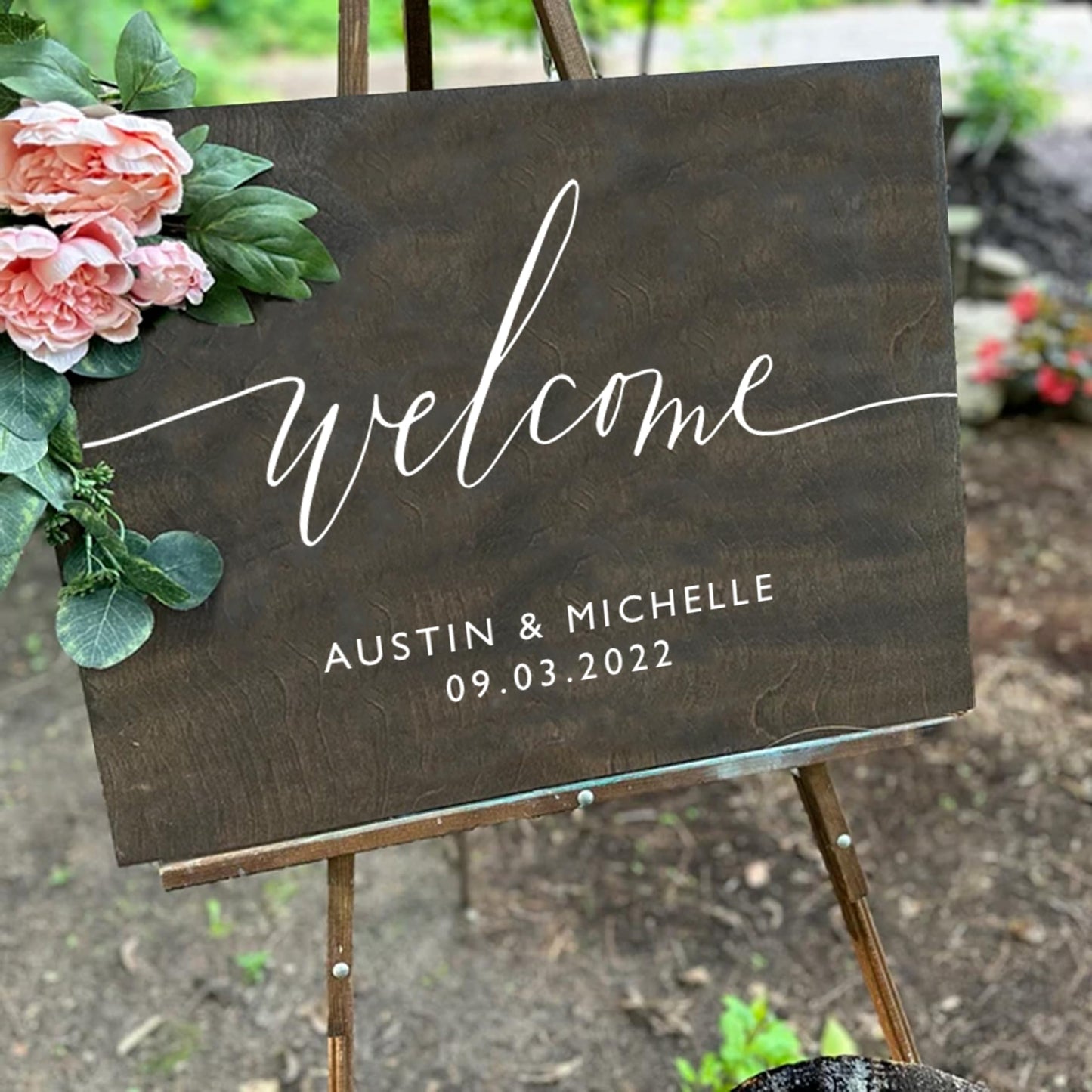 Custom Wooden Welcome Sign for Charming Weddings: Display Date & Couple Name, Personalized Welcome Wedding Sign, Weathered Oak Stain Wood Sign, - WoodArtSupply